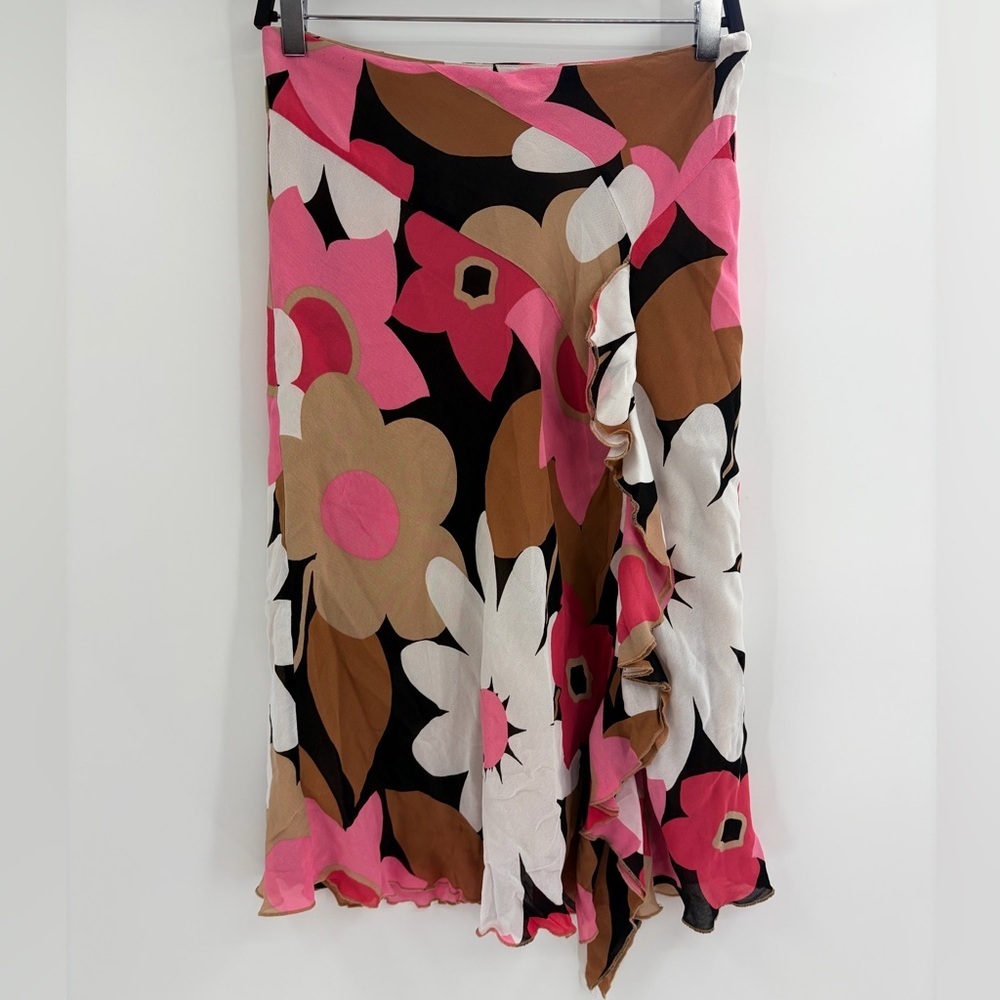 Y2K Floral boho Midi Skirt Pink Brown Ruffle Wrap fairy downtown Style Size 8